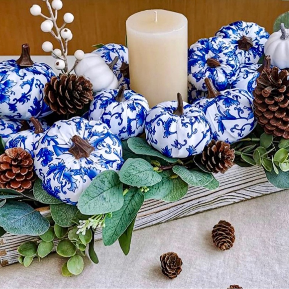 5 Pumpkins- 2 Large 3 Small- Blue and White Fall Home Decor Chinoiserie